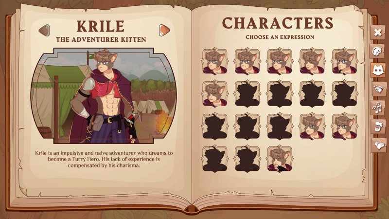 Burrow of the Fallen Bear — Character profile book page with a gallery of furry cast portraits — Burrow Of The Fallen Bear game screenshot.