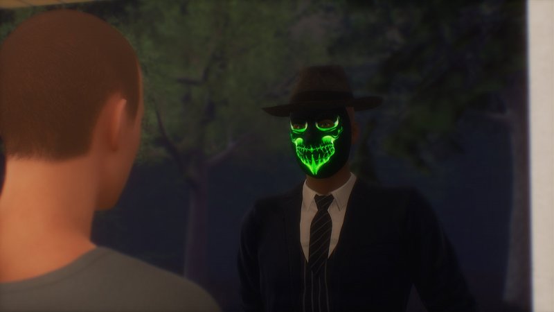 Cuckold House — Adult 3D character wearing a glowing mask in a dark room — Cuckold House game screenshot.