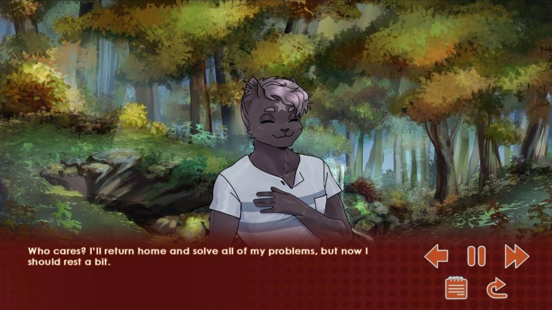 Run, Kitty! Special Edition — Furry visual-novel story dialogue beside a woodland path — Run Kitty Special Edition game screenshot.