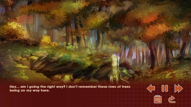 Run, Kitty! — Painted forest background from the visual-novel story — Run Kitty game screenshot.